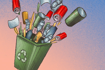 An illustration showing recyclable cans, plastic and paper going into a single-stream bin