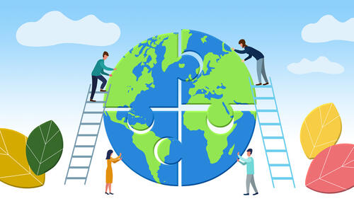 people building earth like a puzzle