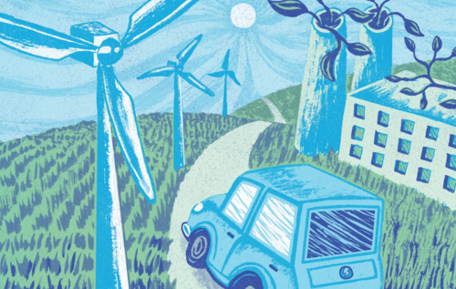 illustration of car driving on road with windmills
