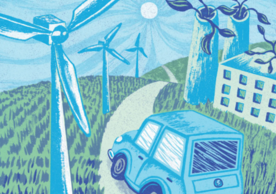 illustration of car driving on road with windmills