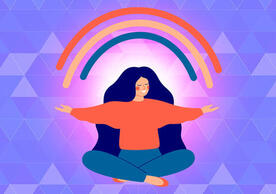 woman meditating with a rainbow above her
